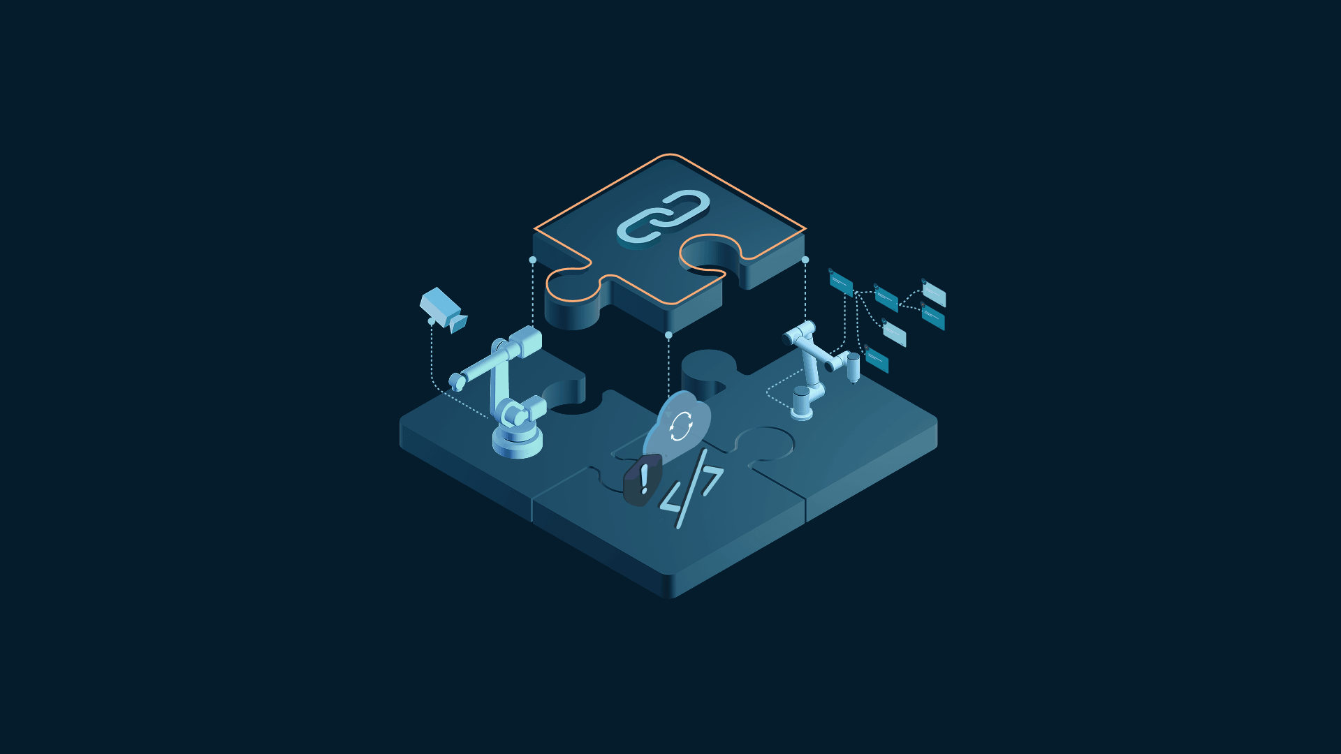 Isometric illustration of interconnected puzzle pieces with robotic arms, digital symbols, and a chain link icon, representing technology integration.