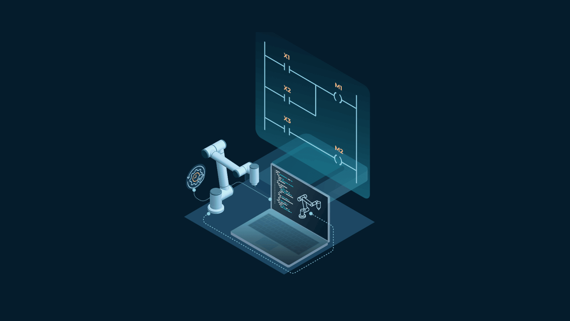 Illustration of a robotic arm interacting with a digital interface displaying code and schematics on a dark blue background.