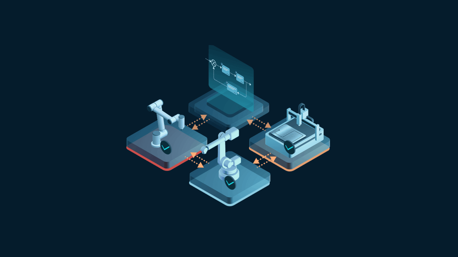 Isometric illustration of robotic arms and a 3D printer on platforms, connected by a digital interface, symbolizing automation and technology.