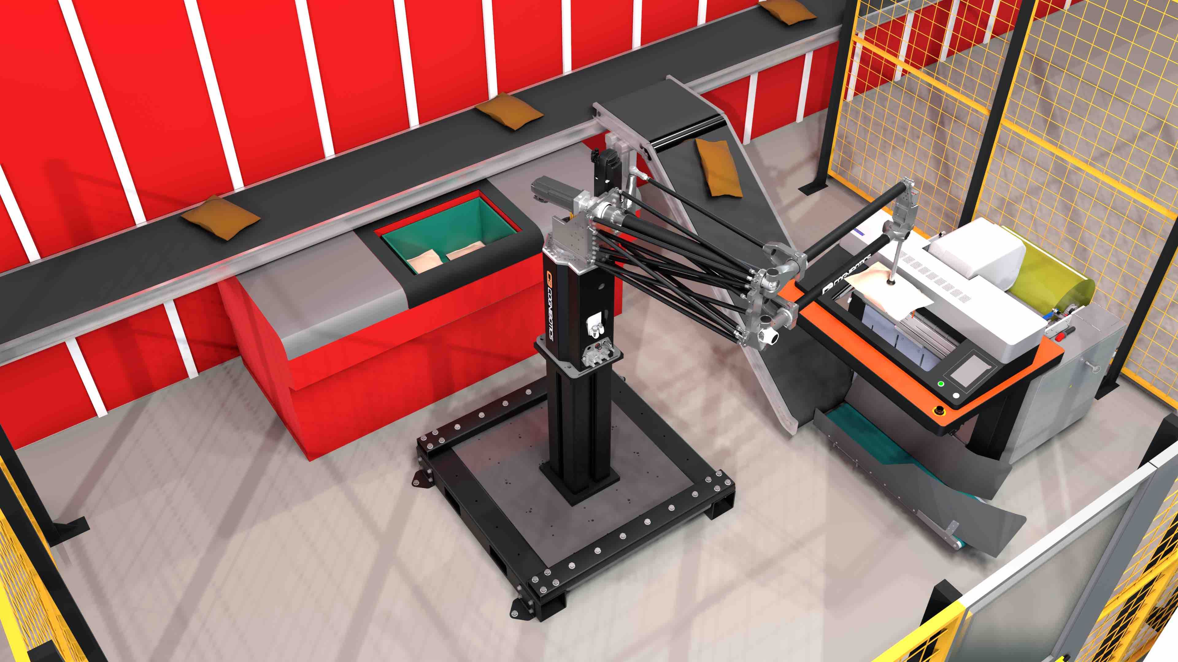 A robotic arm operates in an industrial setting, pick to page - no human, surrounded by autostore red walls and safety barriers, working near packaging machine