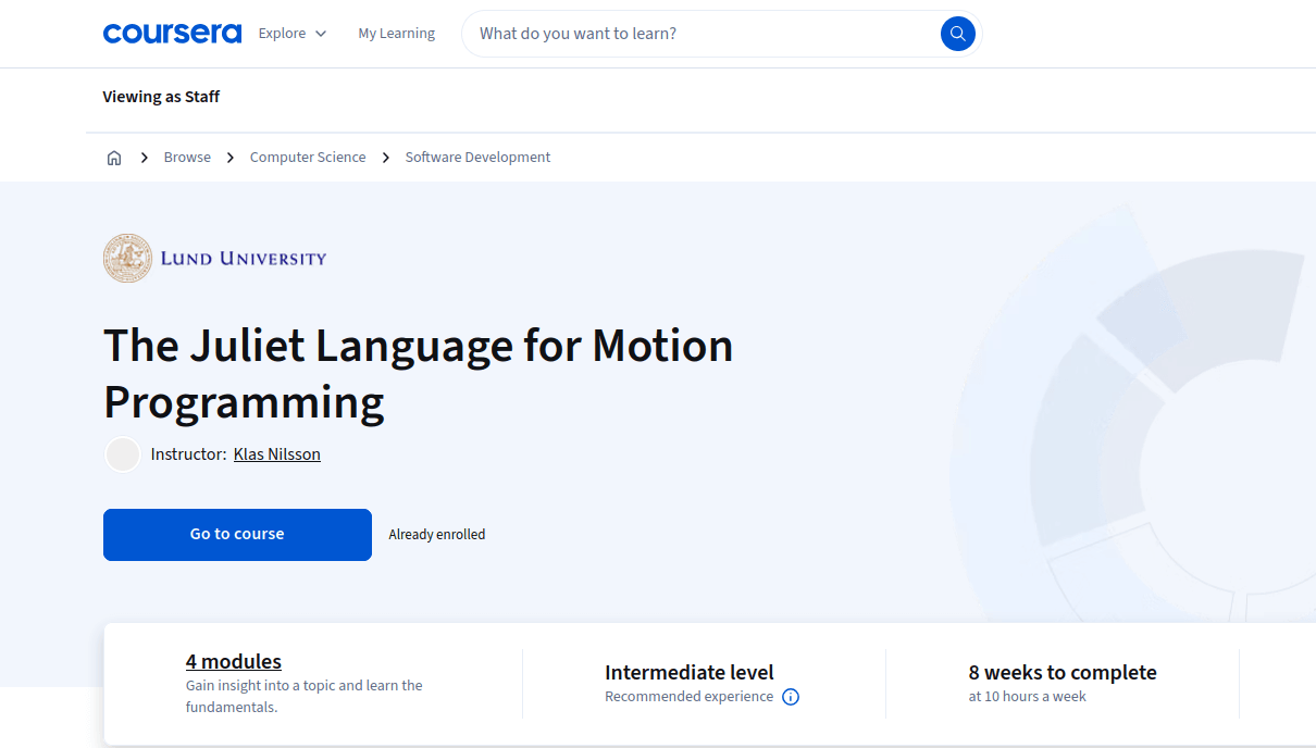 Coursera course page for "The Juliet Language for Motion Programming" by Lund University, instructed by Klas Nilsson.