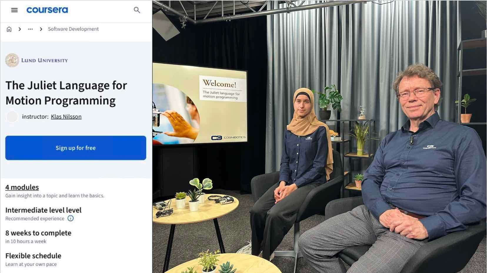Two individuals sit in a studio setup, with a course page on "The Juliet Language for Motion Programming" displayed on a screen beside them.