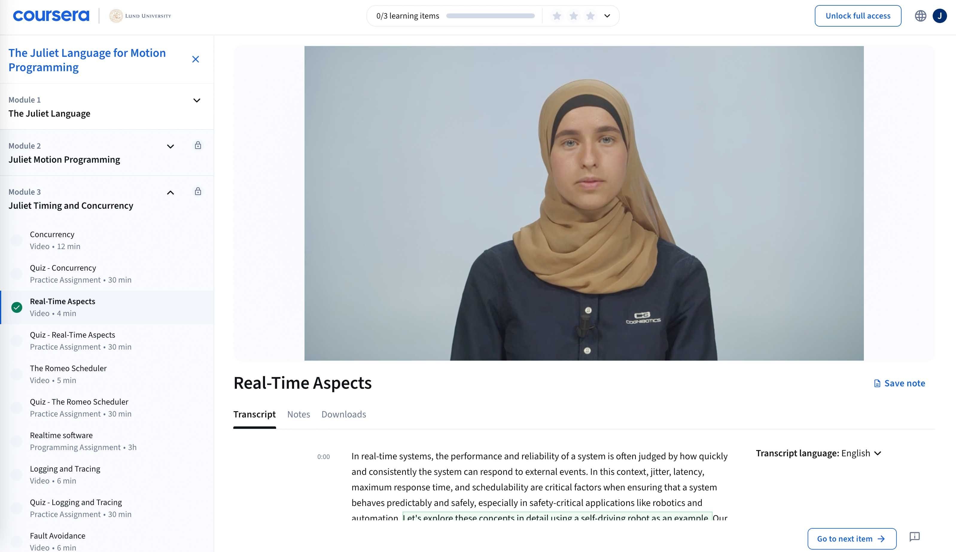 A person in a brown hijab and black shirt appears in a Coursera video titled "Real-Time Aspects" under "Motion Programming" lessons.