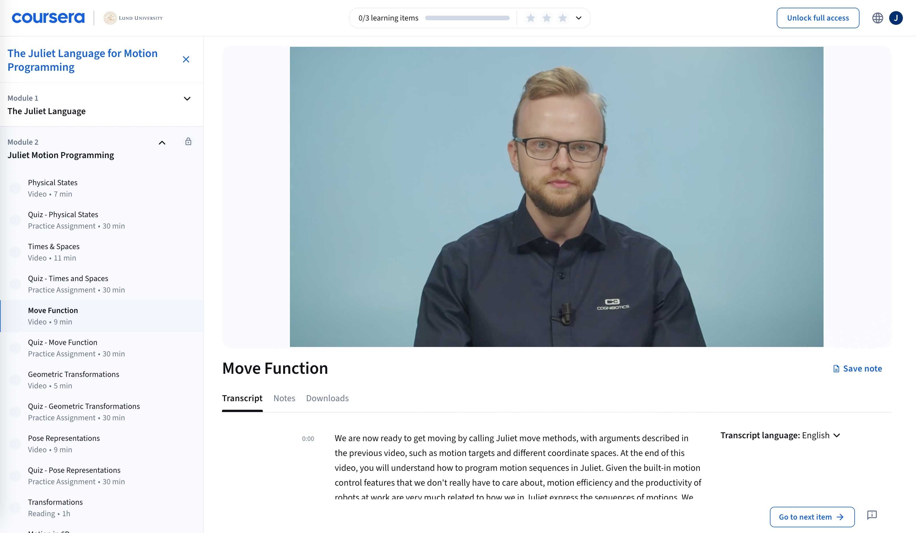A man with glasses and a beard is presenting a Coursera lesson titled "Move Function" from the course "The Juliet Language for Motion Programming."