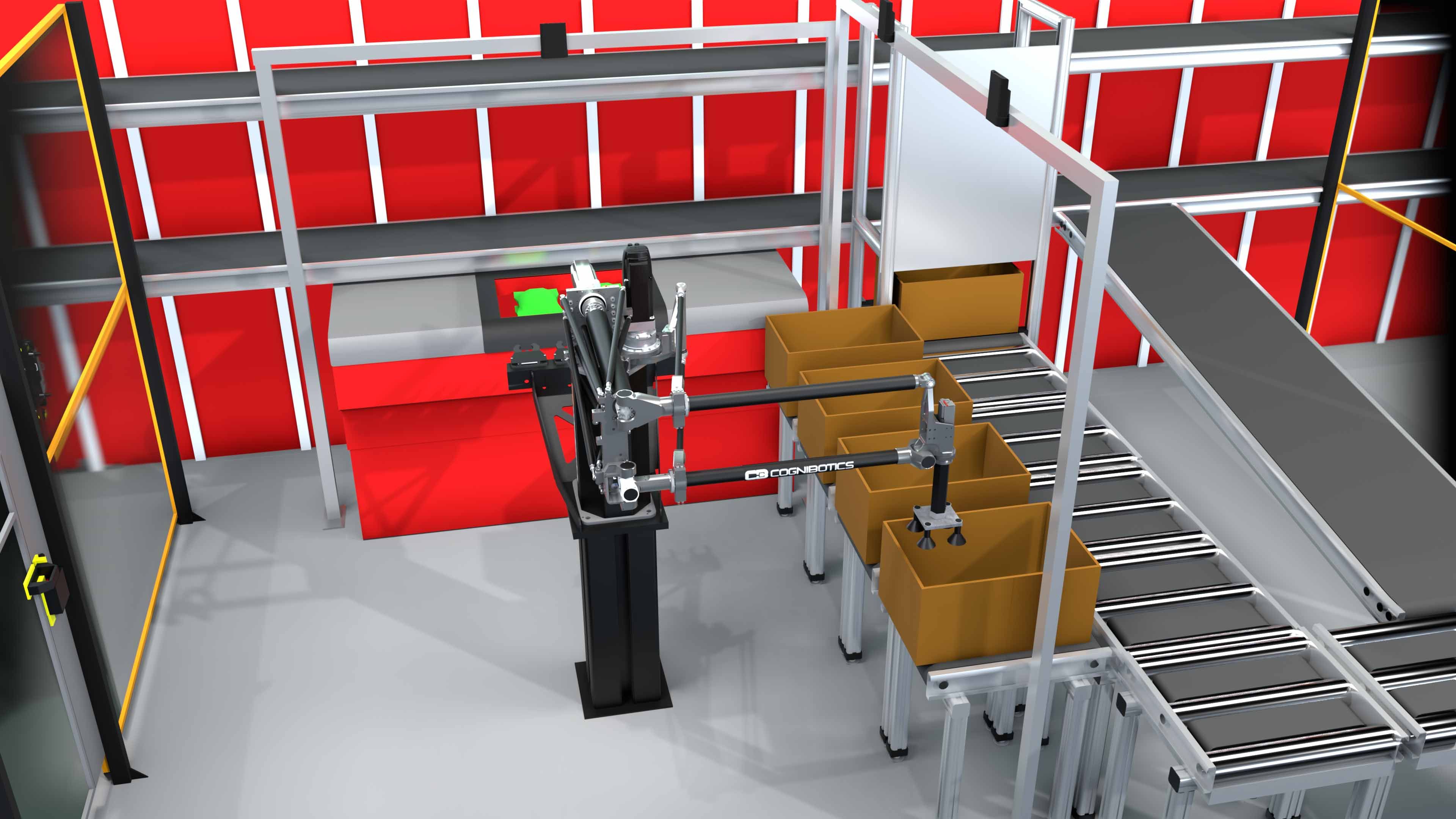 Automated packaging system with a robotic arm placing items in boxes on a conveyor belt Autostore industrial setting.