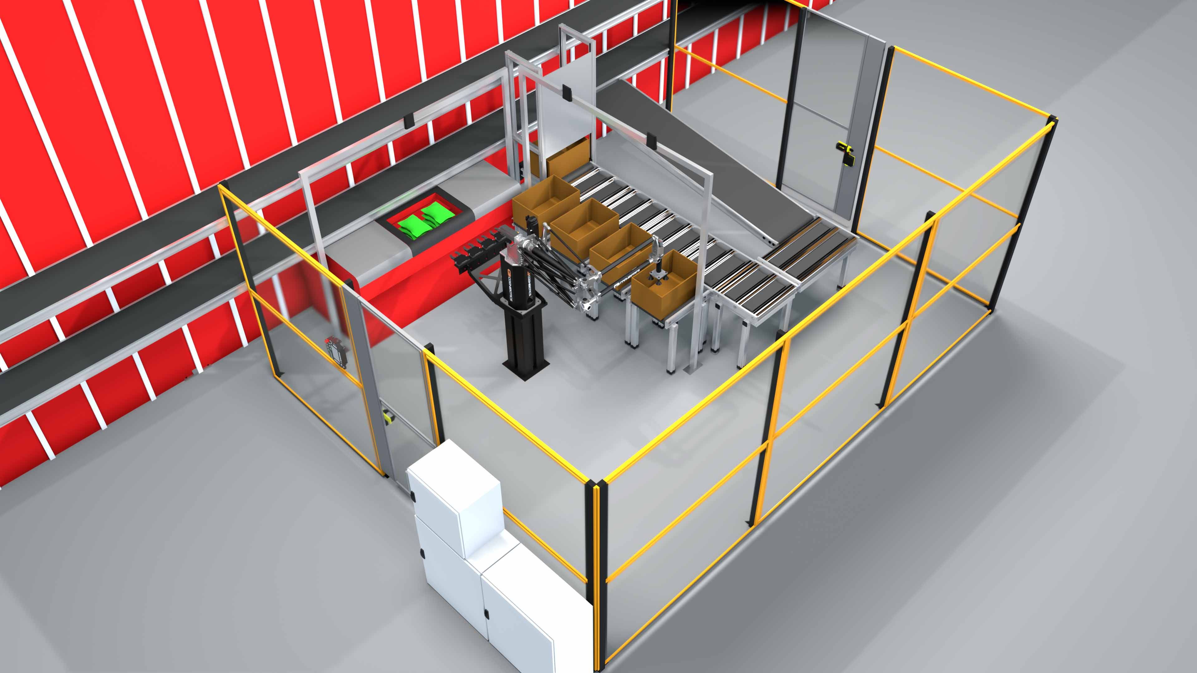 A robotic arm in a fenced area, beside an Autostore, stacks boxes on a conveyor belt inside a modern facility with red walls and control panels.